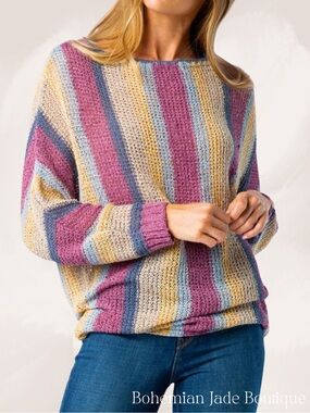 Cozy Casual Striped Open Knit Dolman Sweater Women’s M/L Mauve Blue Yellow Tan
